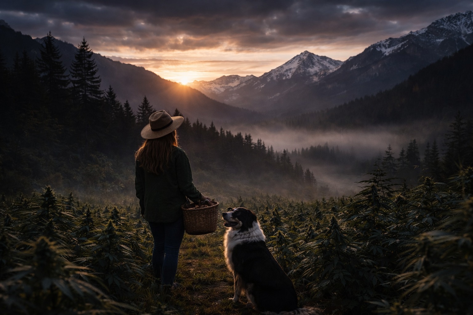 Cannabis-Ernte im Gurktal bei Sonnenuntergang