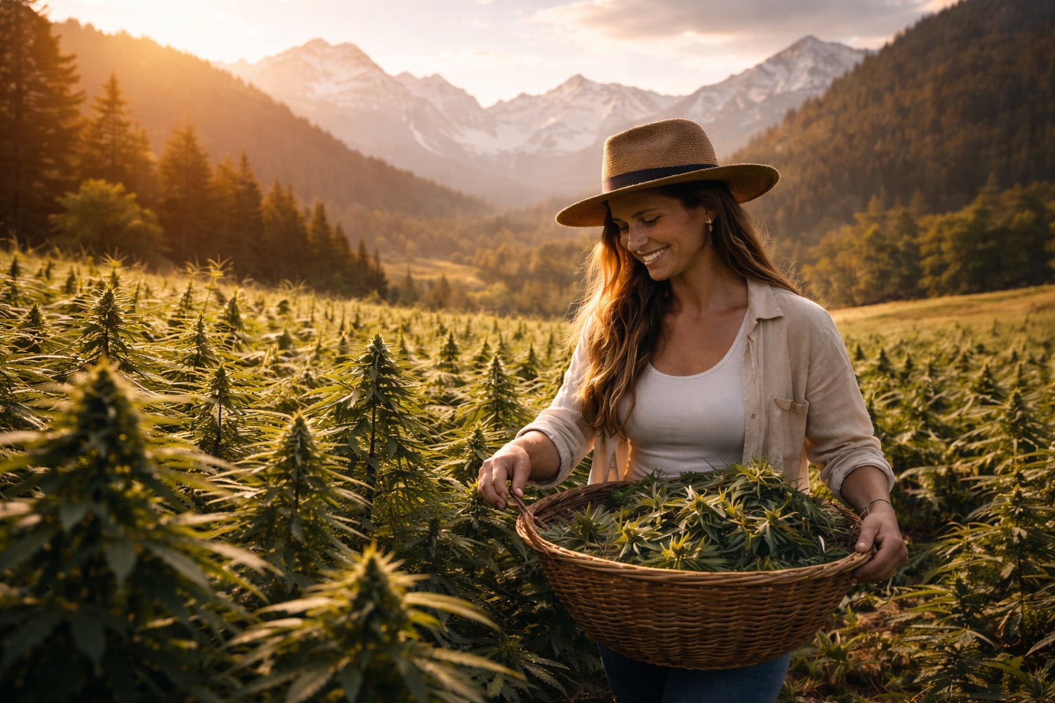 Blick über Cannabis-Felder mit Bergpanorama
